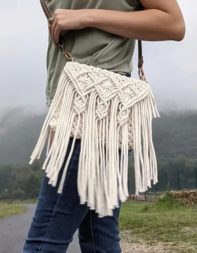 Handmade Ivory Cotton Macrame Hand Knitted Sling Bag Crossbody Clutch Handbag for Women Boho Chic Woven Cotton Rope Daily Essentials Purse Bohemian Festival Ethnic Style thumbnail 4