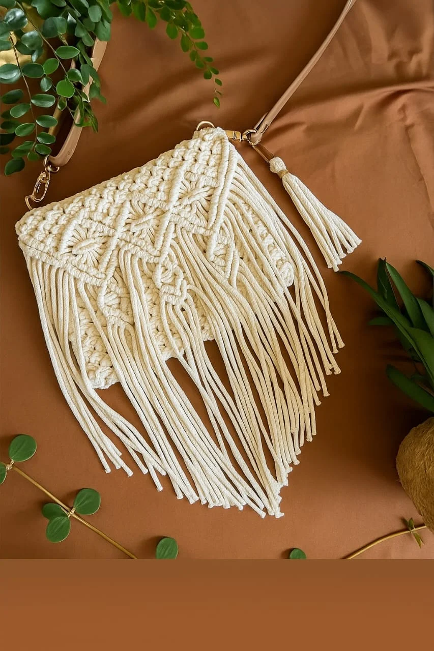 Handmade Ivory Cotton Macrame Hand Knitted Sling Bag Crossbody Clutch Handbag for Women Boho Chic Woven Cotton Rope Daily Essentials Purse Bohemian Festival Ethnic Style image 1