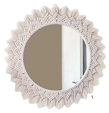 HANDCRAFTED MACRAMÉ WALL HANGING MIRROR GREAT FOR BEDROOM, GUEST ROOM, BALCONY, LIVING AREA ETC. White thumbnail 1