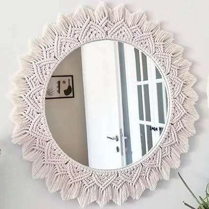 HANDCRAFTED MACRAMÉ WALL HANGING MIRROR GREAT FOR BEDROOM, GUEST ROOM, BALCONY, LIVING AREA ETC. White image 3