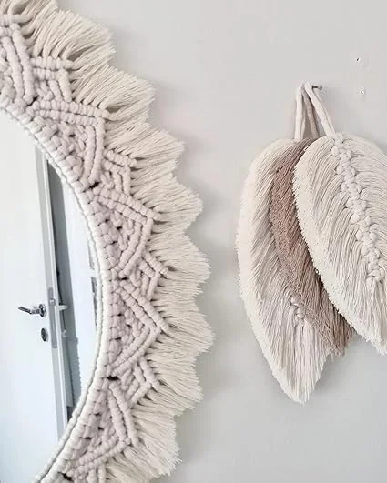 HANDCRAFTED MACRAMÉ WALL HANGING MIRROR GREAT FOR BEDROOM, GUEST ROOM, BALCONY, LIVING AREA ETC. White image 4