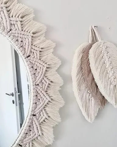HANDCRAFTED MACRAMÉ WALL HANGING MIRROR GREAT FOR BEDROOM, GUEST ROOM, BALCONY, LIVING AREA ETC. White thumbnail 3