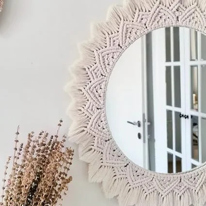 HANDCRAFTED MACRAMÉ WALL HANGING MIRROR GREAT FOR BEDROOM, GUEST ROOM, BALCONY, LIVING AREA ETC. White image 6