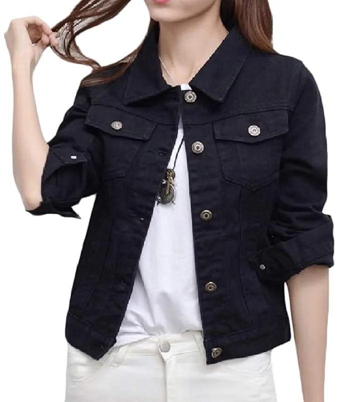 Women’s Full-Sleeve Black Denim Jacket Casual Outerwear Button Closure Classic Fit Streetwear Daily Wear Trendy Outer Jacket image 1