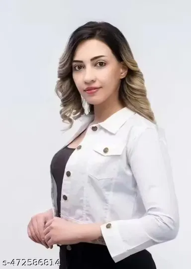 Women’s White Casual Denim Jacket with Buttoned Front, Cropped Sleeve Shrug, Lightweight Summer Outerwear, Stylish Office & Party Wear for All Ages L size thumbnail 0