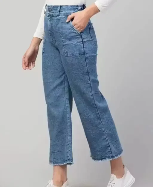 Comfort Fit Women Stretchable Denim Jeans Fringed Hem Skinny Straight Leg Casual Daily Wear College Office Travel Indian Body Fit Blue Denim Size 30 image 1