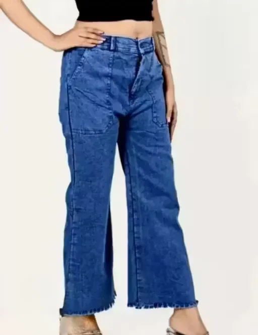 Women High Waist Wide Leg Blue Denim Jeans Size 32 Cotton Casual Street Style Raw Hem Straight Fit Pants image 2