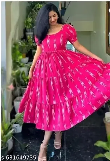 Women Pink Ikat Print Rayon Anarkali Kurta Long Flared Ethnic Kurti for Daily Wear Office Wear Festive Wear Indian Women thumbnail 1