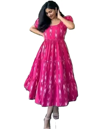 Women Pink Ikat Print Rayon Anarkali Kurta Long Flared Ethnic Kurti for Daily Wear Office Wear Festive Wear Indian Women thumbnail 2