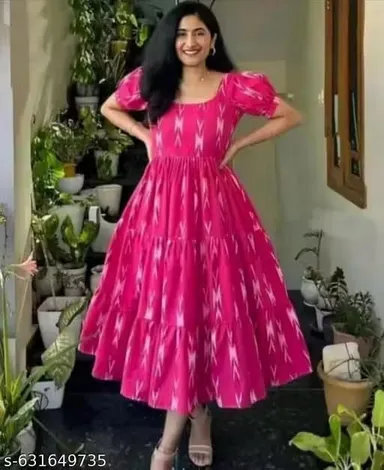 Women Pink Ikat Print Rayon Anarkali Kurta Long Flared Ethnic Kurti for Daily Wear Office Wear Festive Wear Indian Women thumbnail 0