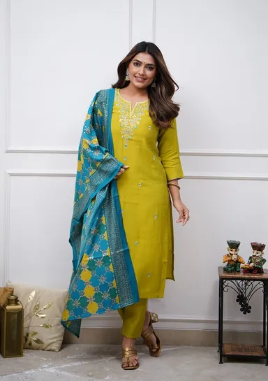 New Fancy Surati Embroidery Kurta Set | Mint Green Rayon Slub Kurta, Pants & Chanderi Cotton Dupatta Party Wear Outfit thumbnail 0