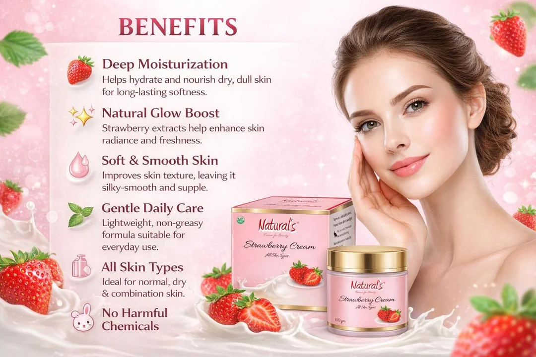 Natural's Care for Beauty Strawberry Cream for Glowing Skin, Moisturising Face and Body Cream, Strawberry Scented Skin Brightening Lotion, 100g |200g, Best for Dry Skin, Daily Use image 4