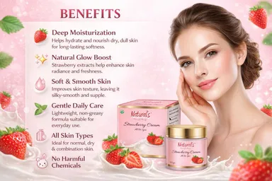 Natural's Care for Beauty Strawberry Cream for Glowing Skin, Moisturising Face and Body Cream, Strawberry Scented Skin Brightening Lotion, 100g |200g, Best for Dry Skin, Daily Use thumbnail 3