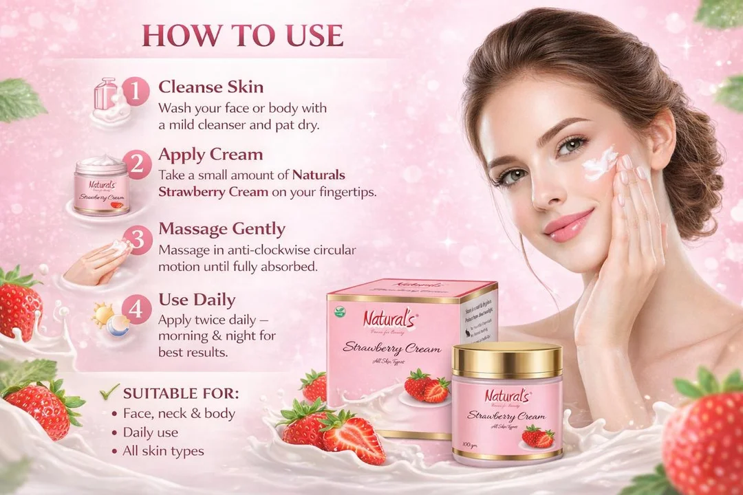 Natural's Care for Beauty Strawberry Cream for Glowing Skin, Moisturising Face and Body Cream, Strawberry Scented Skin Brightening Lotion, 100g |200g, Best for Dry Skin, Daily Use image 5