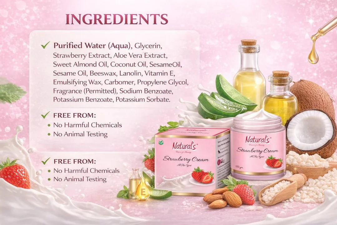 Natural's Care for Beauty Strawberry Cream for Glowing Skin, Moisturising Face and Body Cream, Strawberry Scented Skin Brightening Lotion, 100g |200g, Best for Dry Skin, Daily Use image 6