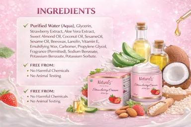 Natural's Care for Beauty Strawberry Cream for Glowing Skin, Moisturising Face and Body Cream, Strawberry Scented Skin Brightening Lotion, 100g |200g, Best for Dry Skin, Daily Use thumbnail 5