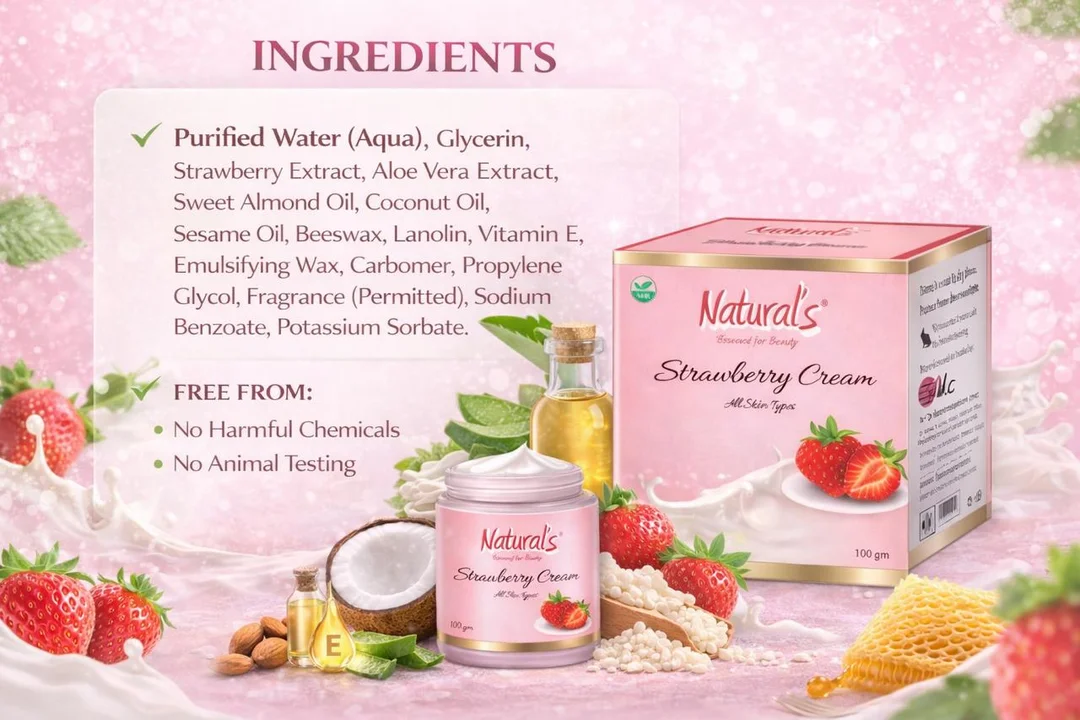 Natural's Care for Beauty Strawberry Cream for Glowing Skin, Moisturising Face and Body Cream, Strawberry Scented Skin Brightening Lotion, 100g |200g, Best for Dry Skin, Daily Use image 7