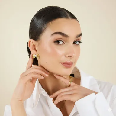 Gold Plated Bow Pearl Stud Earrings for Women -Trendy Lightweight Artificial Jewellery Gold Tone Bow Design Pearl Studs for Party, Wedding, Daily Wear thumbnail 1