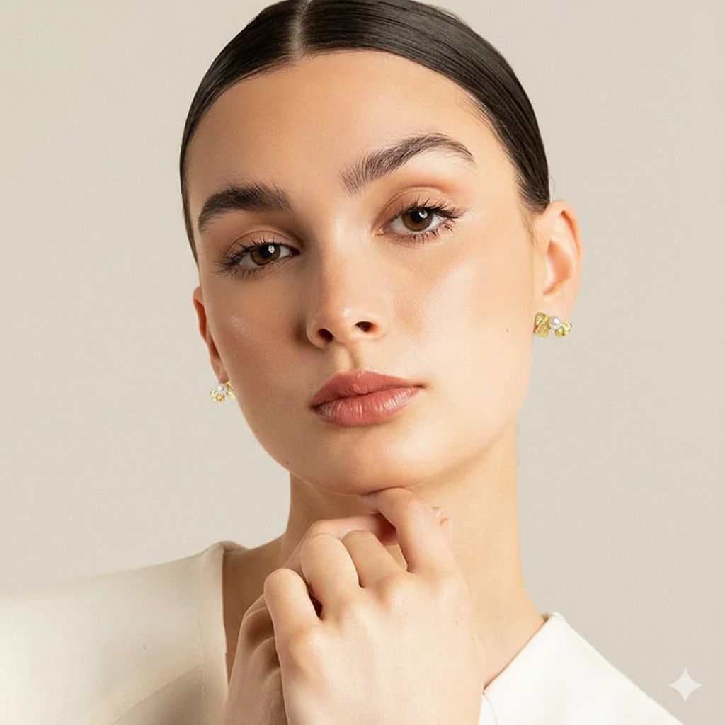 Gold Plated Bow Pearl Stud Earrings for Women -Trendy Lightweight Artificial Jewellery Gold Tone Bow Design Pearl Studs for Party, Wedding, Daily Wear image 3