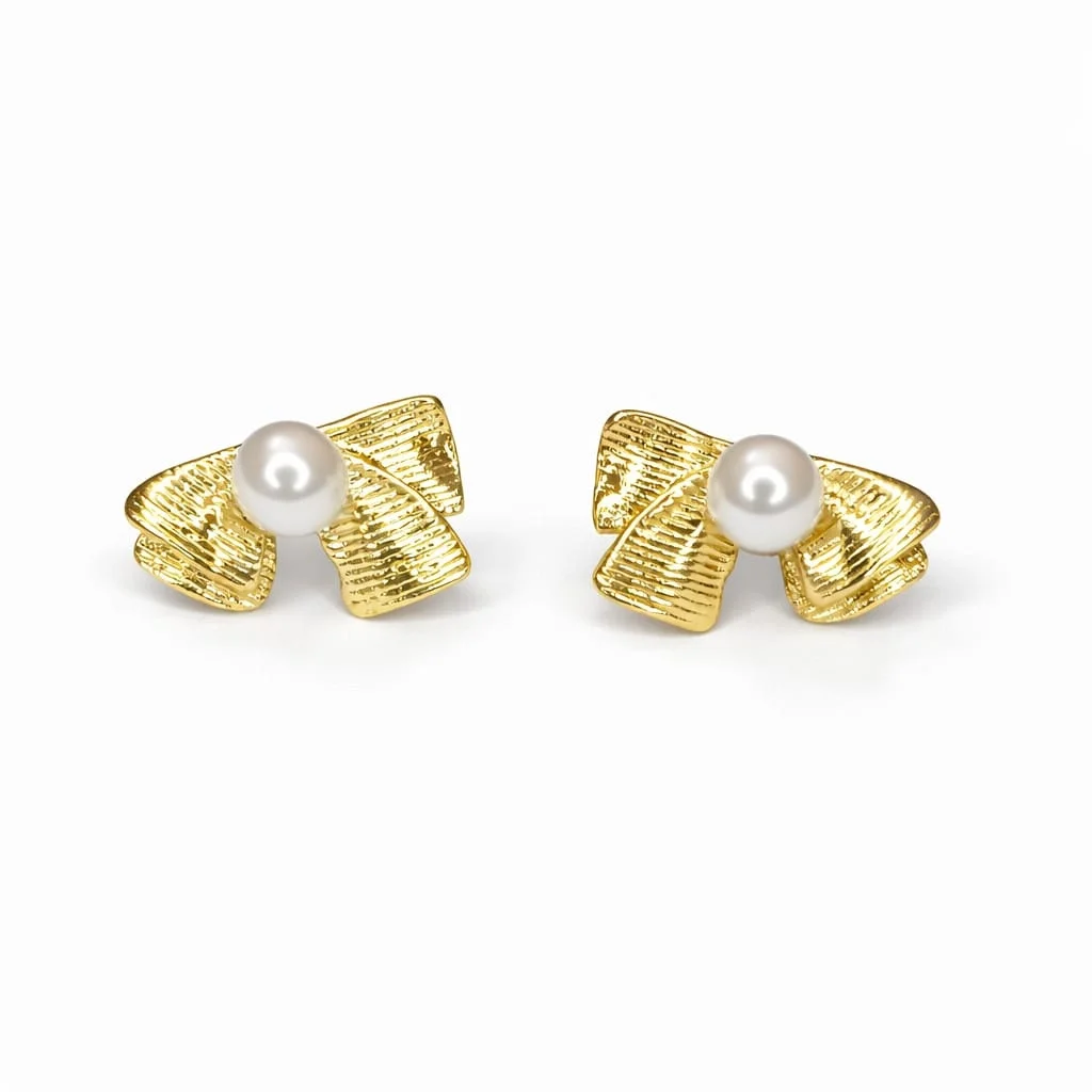 Gold Plated Bow Pearl Stud Earrings for Women -Trendy Lightweight Artificial Jewellery Gold Tone Bow Design Pearl Studs for Party, Wedding, Daily Wear image 4