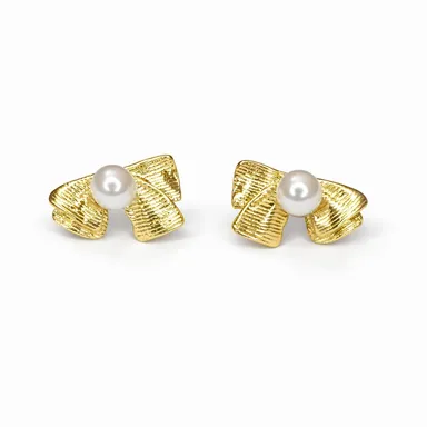 Gold Plated Bow Pearl Stud Earrings for Women -Trendy Lightweight Artificial Jewellery Gold Tone Bow Design Pearl Studs for Party, Wedding, Daily Wear thumbnail 3