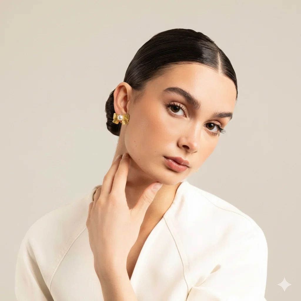 Gold Plated Bow Pearl Stud Earrings for Women -Trendy Lightweight Artificial Jewellery Gold Tone Bow Design Pearl Studs for Party, Wedding, Daily Wear image 1
