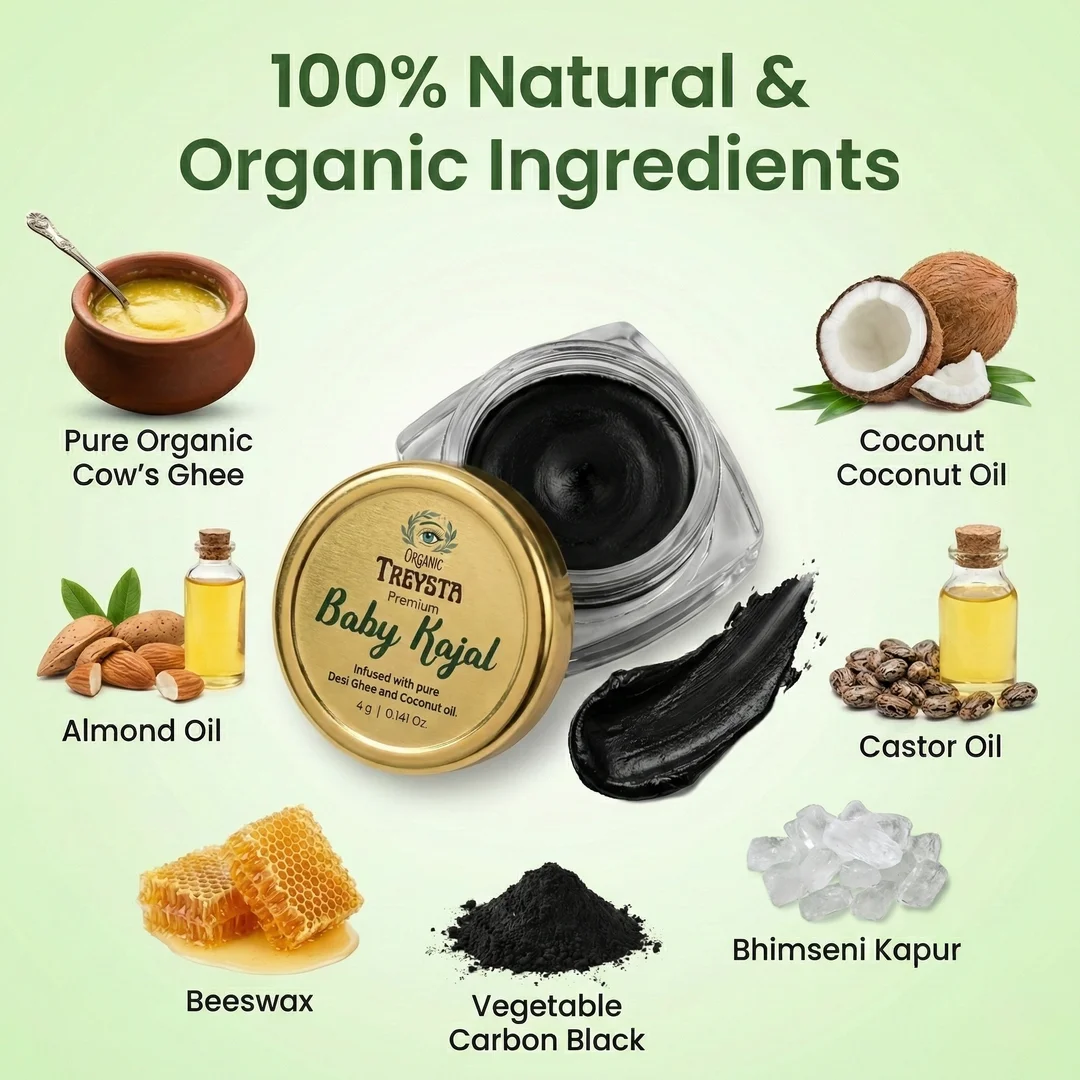 Treysta Premium Baby Kajal 4g with Pure Cow Ghee and Coconut Oil for Infants Smudge Proof Natural Organic Eye Nourishment Kajal for Newborns image 3