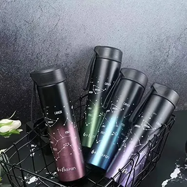 Sairen Zodiac Constellation Stainless Steel Water Bottle 400ml | Vacuum Insulated Hot Cold Flask | Astro Star Sign Design | Leak Proof Travel Sipper Bottle | Midnight Black Matte Finish | Gift for Men Women thumbnail 2