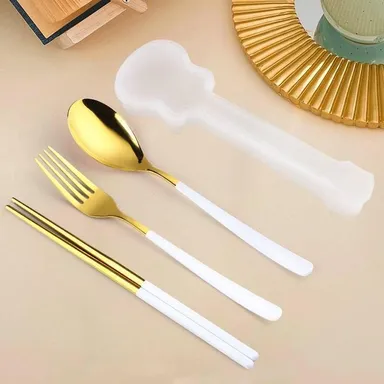 Gold & White Stainless Steel Cutlery Set with Spoon, Fork & Chopsticks – Luxury Tableware for Home, Dining, Gifting, Party & Restaurant Use in India thumbnail 0