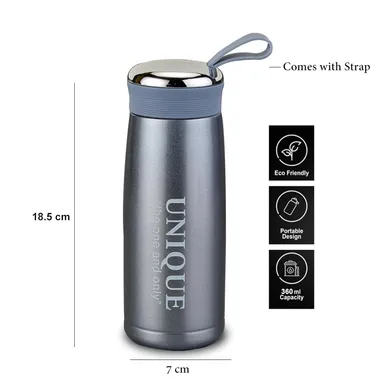 Unique  Grey Stainless Steel Vacuum Insulated Water Bottle with Strap – Portable Eco-Friendly Thermal Flask for Office, Gym, Travel, Home Use in India thumbnail 0
