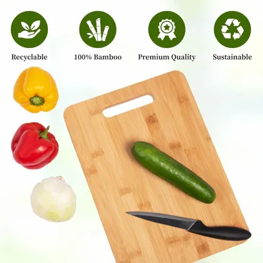 Bamboo Wooden Chopping Board with Wood Handle, Multipurpose Cutting Board for Vegetables, Fruits & Cheese, for Kitchen Use, BPA Free, Eco-Friendly, Anti-Microbial (Pack of 1) thumbnail 1