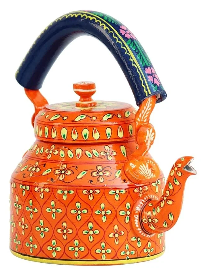 Handcrafted Indian Decorative Painted Tea Kettle Metal Teapot with Floral Design and Wooden Handle | Traditional Vintage Style image 1