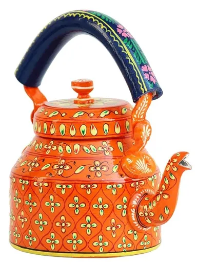 Handcrafted Indian Decorative Painted Tea Kettle Metal Teapot with Floral Design and Wooden Handle | Traditional Vintage Style thumbnail 0