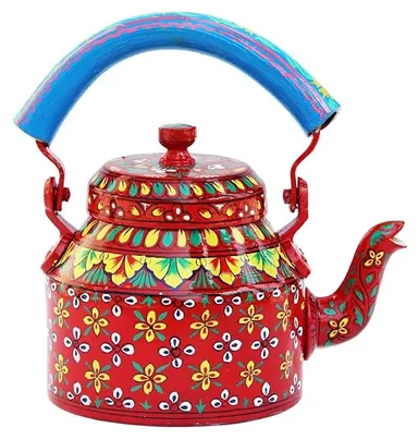 Handcrafted Indian Decorative Painted Tea Kettle Metal Teapot with Floral Design and Wooden Handle |Traditional Vintage Style|Red Colour thumbnail 0