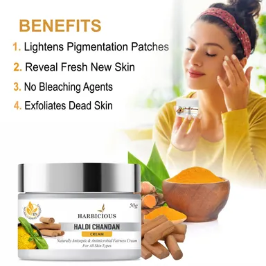 Harbicious Haldi Chandan Fairness Cream for All Skin Types | Brightening & Nourishing Cream with Turmeric & Sandalwood | Reduces Dark Spots | Hydrates Skin | Enhances Radiance (Pack of 50g) thumbnail 1