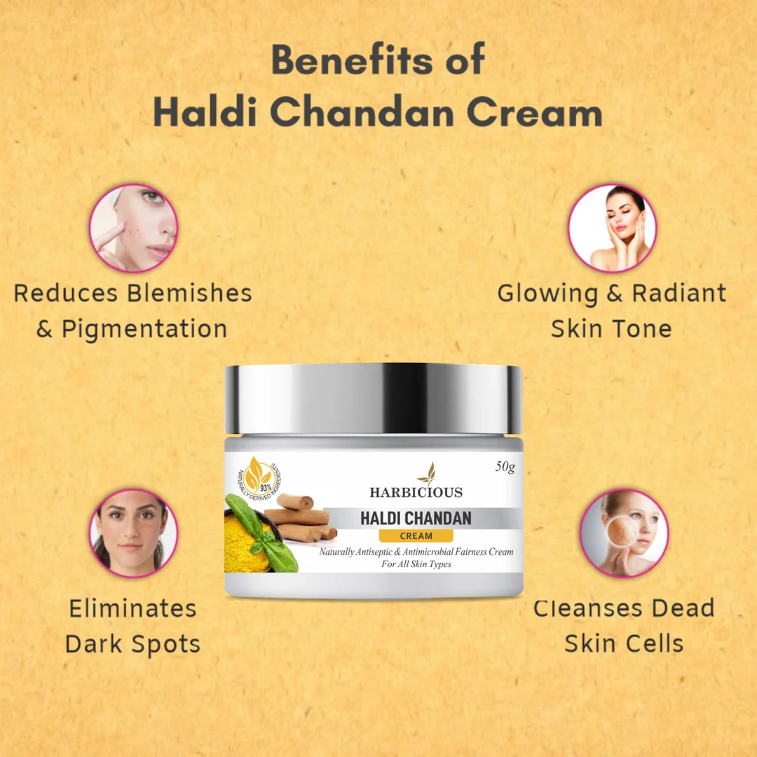Harbicious Haldi Chandan Fairness Cream for All Skin Types | Brightening & Nourishing Cream with Turmeric & Sandalwood | Reduces Dark Spots | Hydrates Skin | Enhances Radiance (Pack of 50g) image 3