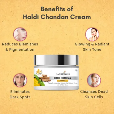 Harbicious Haldi Chandan Fairness Cream for All Skin Types | Brightening & Nourishing Cream with Turmeric & Sandalwood | Reduces Dark Spots | Hydrates Skin | Enhances Radiance (Pack of 50g) thumbnail 2