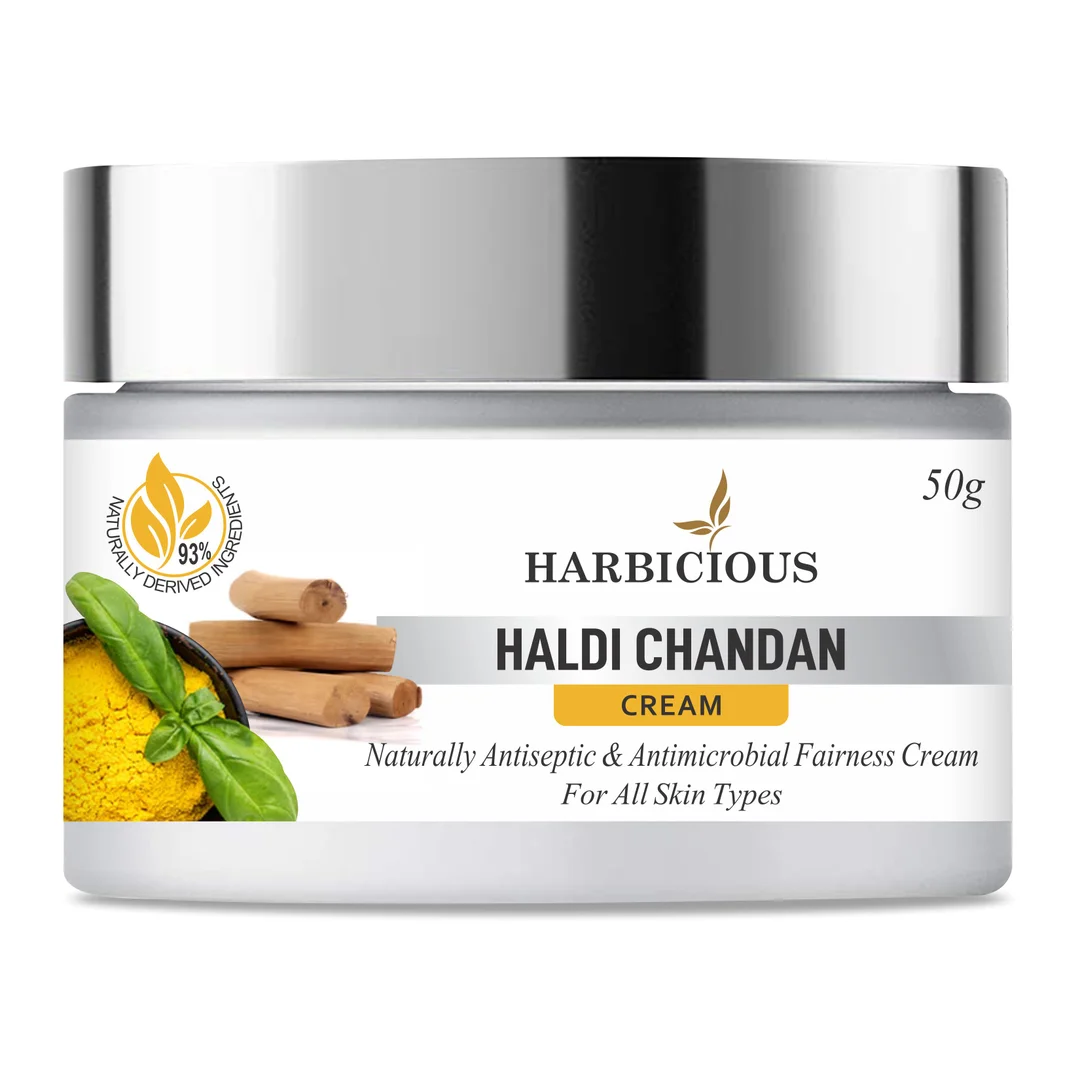 Harbicious Haldi Chandan Fairness Cream for All Skin Types | Brightening & Nourishing Cream with Turmeric & Sandalwood | Reduces Dark Spots | Hydrates Skin | Enhances Radiance (Pack of 50g) image 1