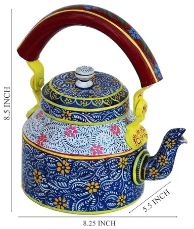 Hand-Painted Traditional Aluminum Tea Kettle 8.5x8.25x5.5 Inches Colorful Decorative Design Lightweight Durable Kitchen Accessory thumbnail 1
