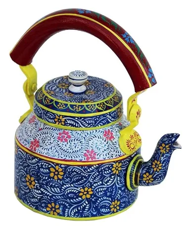 Hand-Painted Traditional Aluminum Tea Kettle 8.5x8.25x5.5 Inches Colorful Decorative Design Lightweight Durable Kitchen Accessory thumbnail 0
