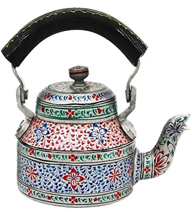 Handcrafted Indian Decorative Painted Metal Tea Kettle Teapot with Floral Design and Wooden Handle |Vintage Style| Pista Colour thumbnail 0