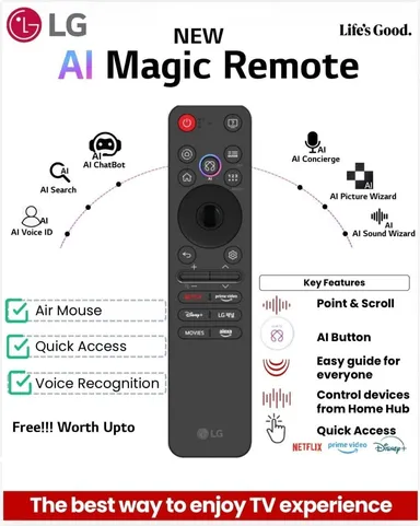 LG Original AI Magic Remote Control MR25GA for All LG TVs OLED QNED UHD LED LCD Smart TV Bluetooth Voice Pointer Alexa Control Smart Remote India thumbnail 1