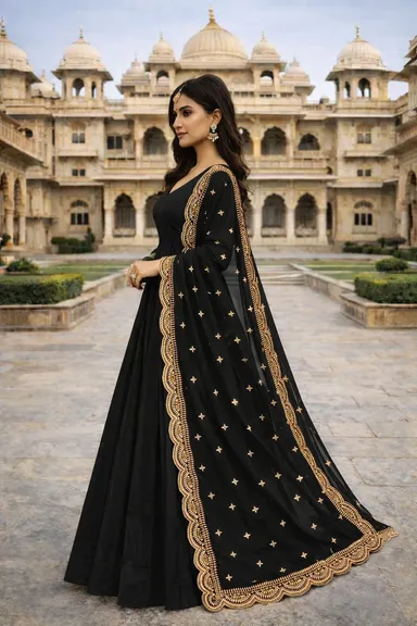Designer Long Gown with Cape Style Dupatta for Women | Party Wear Ethnic Gown for Wedding, Reception & Festive Occasions thumbnail 2