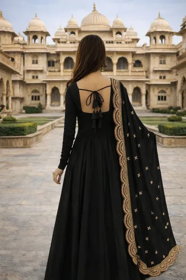 Designer Long Gown with Cape Style Dupatta for Women | Party Wear Ethnic Gown for Wedding, Reception & Festive Occasions thumbnail 3