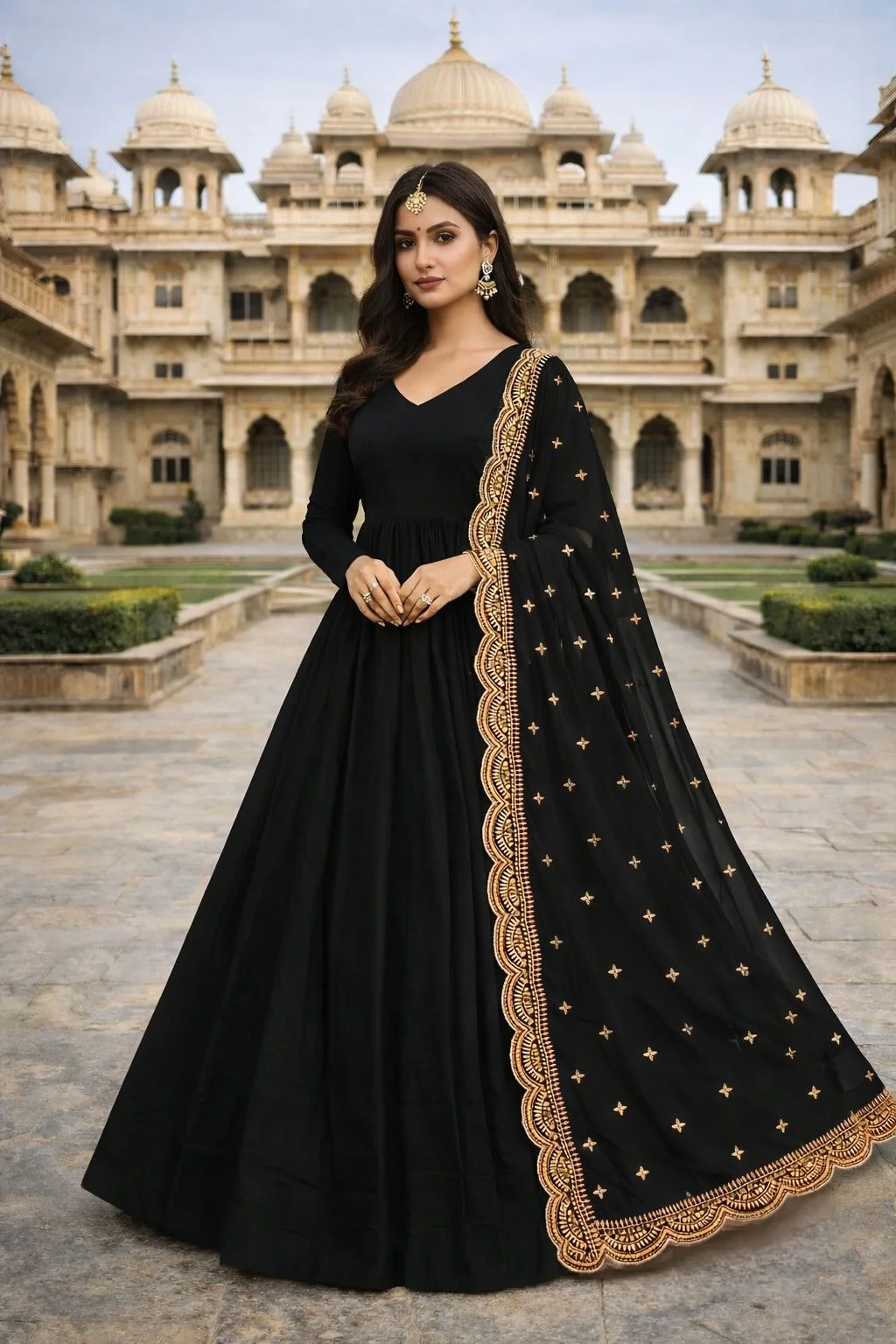 Designer Long Gown with Cape Style Dupatta for Women | Party Wear Ethnic Gown for Wedding, Reception & Festive Occasions image 1
