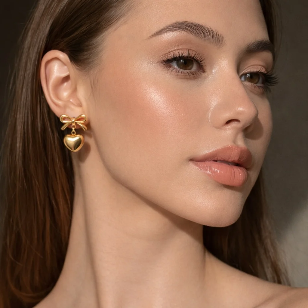 Gold Bow Heart Drop Stud Earrings for Women Girls | Cute Dangle Heart Charm Jewellery, Fashion Party Earrings, Gift for Her image 2