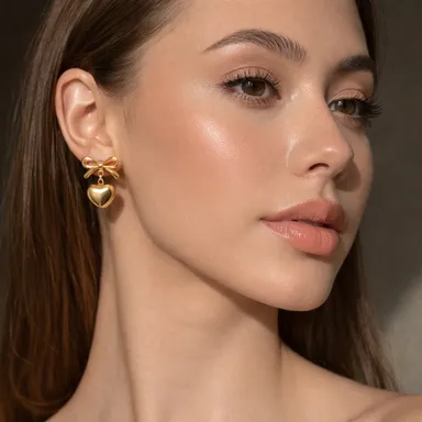 Gold Bow Heart Drop Stud Earrings for Women Girls | Cute Dangle Heart Charm Jewellery, Fashion Party Earrings, Gift for Her thumbnail 1