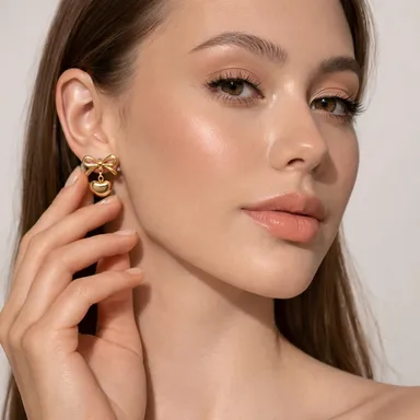Gold Bow Heart Drop Stud Earrings for Women Girls | Cute Dangle Heart Charm Jewellery, Fashion Party Earrings, Gift for Her thumbnail 2