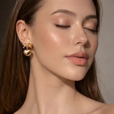 Gold Bow Heart Drop Stud Earrings for Women Girls | Cute Dangle Heart Charm Jewellery, Fashion Party Earrings, Gift for Her thumbnail 3