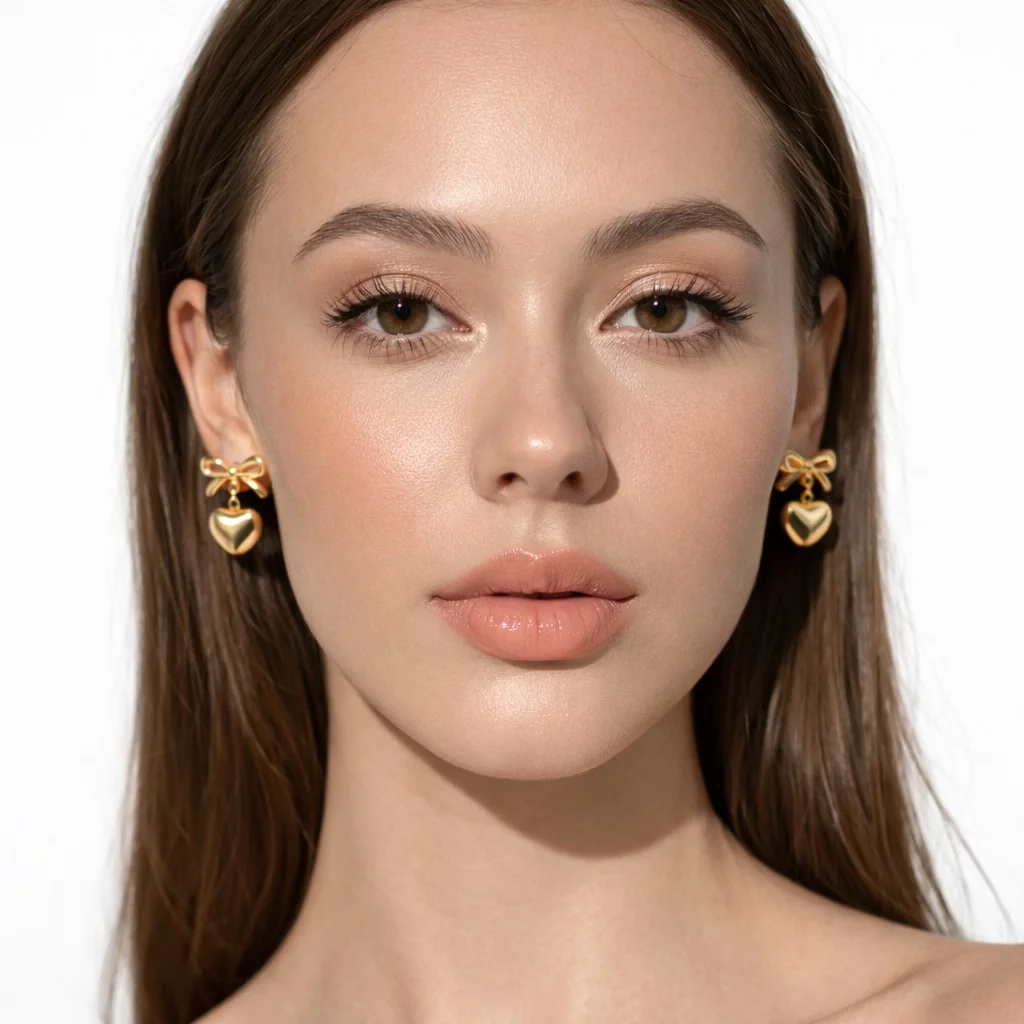 Gold Bow Heart Drop Stud Earrings for Women Girls | Cute Dangle Heart Charm Jewellery, Fashion Party Earrings, Gift for Her image 5